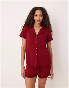 Супермягкий пижамный комплект из рубашки с короткими рукавами и шорт с контрастной окантовкой бордового цвета Asos design