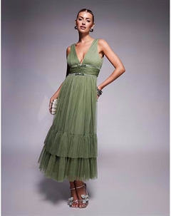 Платье мидакси из тюля с кружевом и бисером, с бантом на талии, нежно-оливкового цвета Lace & beads