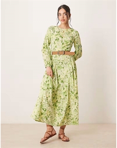 Длинное льняное платье с вуалью-годе и цветочным принтом зеленого цвета Asos design