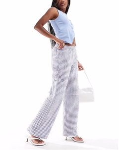 Широкие брюки в клетку с карманами синего цвета Pull & bear