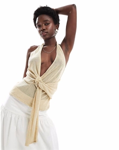 Трикотажный топ с перекрученным передом и американской проймой песочного цвета Pull & bear