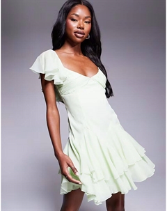 Мини-платье с заниженной талией и пышной юбкой в цвете шалфейно-зеленый Asos design