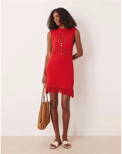 Мини-платье с бахромой и ажурной отделкой красного цвета Asos design