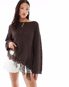 Джемпер крупной вязки шоколадно-коричневого цвета с вырезом на одно плечо и бахромой Asos design