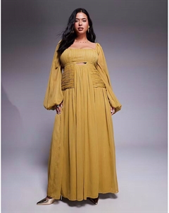 Платье макси ASOS DESIGN Curve с длинными рукавами, вырезом и сборчатой ​​юбкой оливкового цвета Asos curve