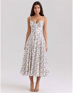 Сарафан-миди из эластичного хлопка с цветочным принтом Steffani кремового цвета House of cb