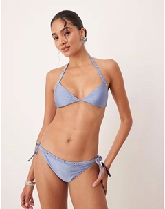 Верх бикини с металлическим принтом и застежкой-хомутиком светло-голубого цвета Mango