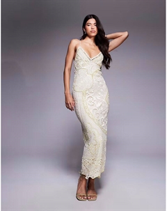 Платье lace applique embellished cami maxi in yellow Asos design