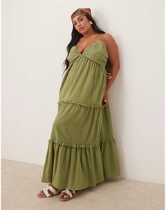 Платье макси на бретелях с мятой отделкой ASOS DESIGN Curve оливкового цвета Asos curve