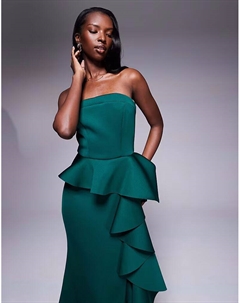 Платье макси Boobtube с баской и оборками изумрудного цвета Goddiva