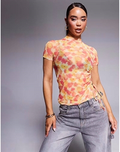 Футболка из сетки с высоким воротом, цветочным принтом желтого и розового цветов, с завязками сбоку и сборками Hugo red