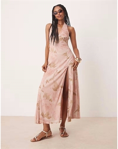 Платье миди с бретелью через шею и разрезом спереди в розовом винтажном цветочном стиле Asos design