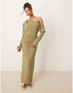 Льняное асимметричное платье миди с длинными рукавами и спущенным плечом цвета хаки от Asos design