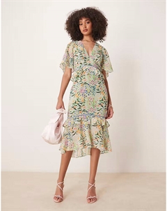 Платье миди с баской на талии и зеленым принтом Hope & ivy