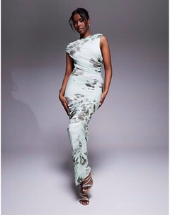 Платье макси из сетки с асимметричным вырезом, открытыми плечами и сборками в зеленом цветочном узоре Asos design