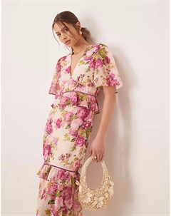 Платье миди с баской на талии и розовым принтом Hope & ivy