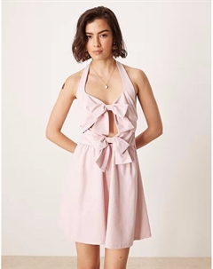 Мини-платье с завязками на шее и двойным бантом спереди нежно-розового цвета Asos design