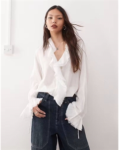 Блузка с оборками и крючками спереди в будничном стиле, кремового цвета Weekday