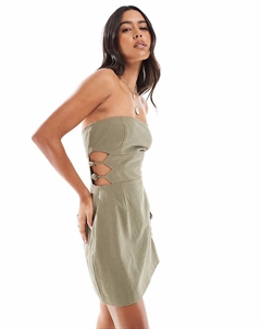 Эксклюзивное льняное хлопковое мини-платье-бандо с вырезанными бусинами оливкового цвета 4th & reckless