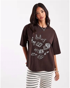 Футболка большого размера с иллюстрированным принтом шоколадного цвета 4th & reckless