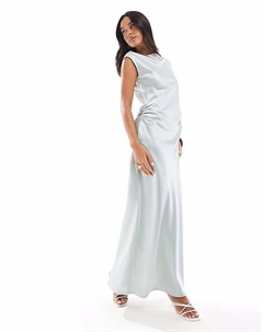 Атласное макси-платье со сборками на талии, драпировкой и косым вырезом светло-голубого цвета 4th & reckless