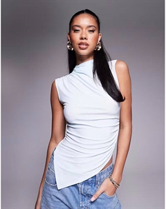 Топ пастельно-голубого цвета с рюшами, асимметричным подолом и высоким воротом Asos design