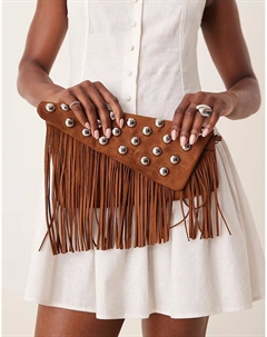 Клатч из искусственной замши с кисточками и заклепками темно-коричневого цвета Asos design