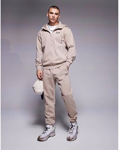 Комплект из толстовки с капюшоном и джоггеров Armani бежевого цвета с логотипом на молнии Ea7