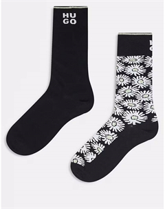 2 пары носков с логотипом на спине и ромашками, черного цвета Hugo red