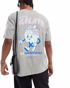 Футболка свободного кроя с принтом мороженого на спине серого цвета Only & sons