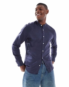 Рубашка из льняной смеси с воротником-стойкой темно-синего цвета Only & sons