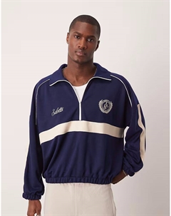 Свободный джемпер свободного кроя с заниженной линией плеч, молния на половину длины, с принтом на груди, темно-синего цвета Asos design