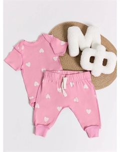 Комплект детский розовый в сердечки: боди и ползунки Mark formelle