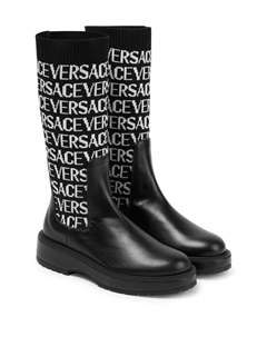 Жаккардовые кожаные сапоги с трикотажной отделкой, черный Versace