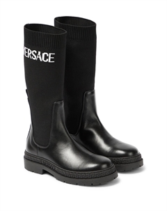 Ботильоны из жаккардовой кожи с логотипом Kids, черный Versace