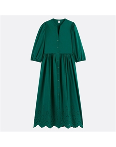 Платье расклешенное длинное с английской вышивкой зеленый La redoute collections