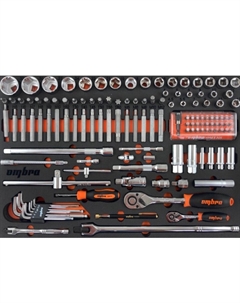 Набор головок торцевых OMT131STE 05612, 1/4" 5-13 мм, 1/2" DR, 10-32 мм с аксессуарами и вставками-битами в EVA ложементе, 560х375 мм, 131 предм Ombra