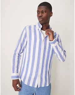 Рубашка из хлопка, льна и хлопка в смелую полоску с логотипом Shield, средне-синего цвета Gant