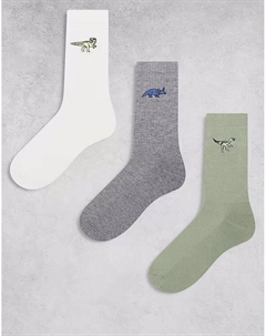 3 пары носков с вышивкой динозавров в разноцветных тонах Asos design