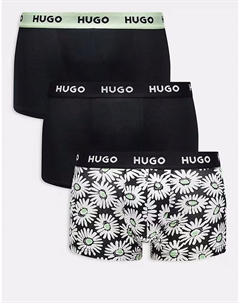 Набор из 3 однотонных трусов-боксеров с логотипом на поясе и принтом в виде ромашек, цвет: разноцветный Hugo red