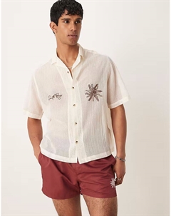 Coord свободная рубашка Revere с вышивкой на груди кремового цвета Asos design