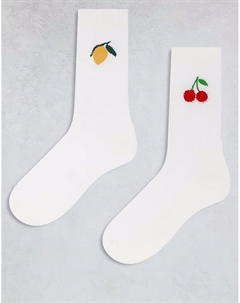 2 пары носков с вышивкой лимона и вишни, белого цвета Asos design