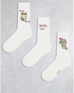 3 пары носков с вышивкой в ​​виде напитка в цвете экрю Asos design