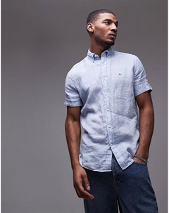 Льняная рубашка с короткими рукавами нежно-голубого цвета Tommy hilfiger