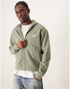 Толстовка свободного кроя с капюшоном на молнии, принтом на груди и спине в пыльно-зеленом цвете Asos design