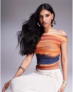 Топ из сетчатой ​​ткани с открытыми плечами и абстрактным узором в разноцветную полоску от - МУЛЬТИ Asos design