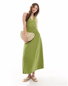 Платье миди с вышивкой халтер оливкового цвета Asos design