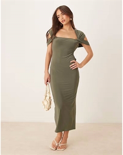 Платье миди с перекрученными плечами цвета хаки Asos design