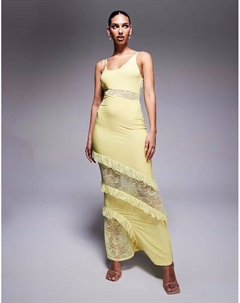 Платье макси на бретельках с кружевными вставками и оборками пастельно-желтого цвета Asos design