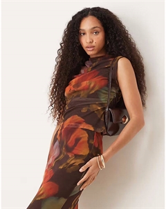 Топ-комбинезон из сетчатой ​​ткани с цветочным принтом коричневого цвета Asos design